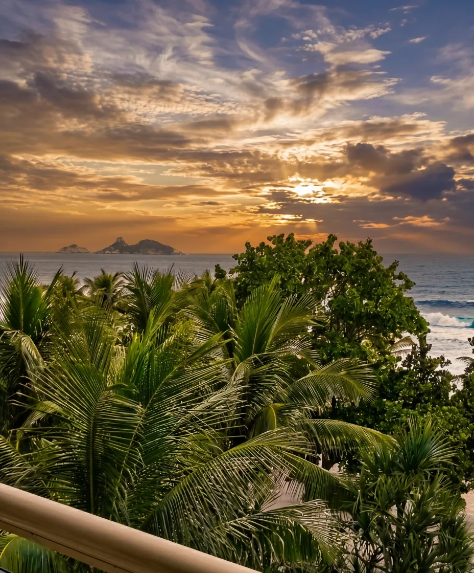 Pôr do sol sobre o mar com Pedra da Gávea ao fundo