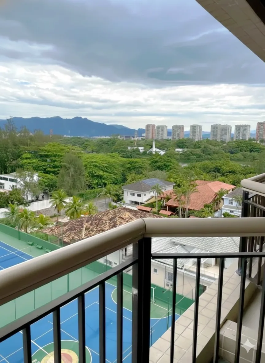 Vista da varanda — quadra e montanhas