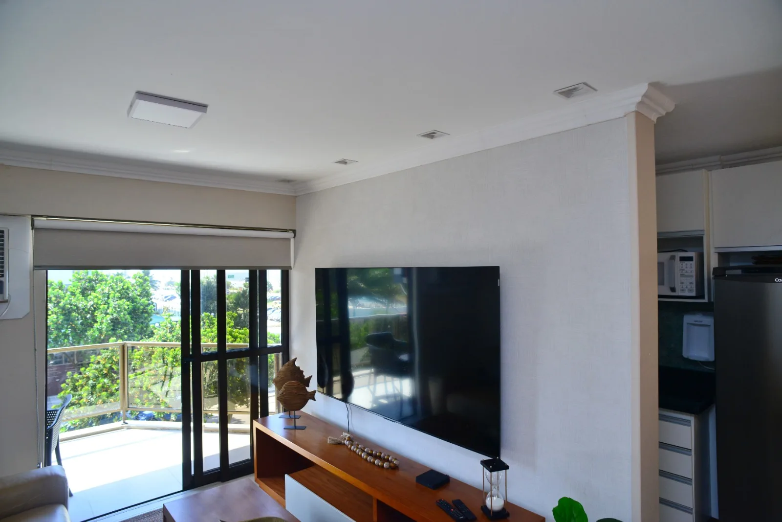 Sala com TV e varanda com vista verde