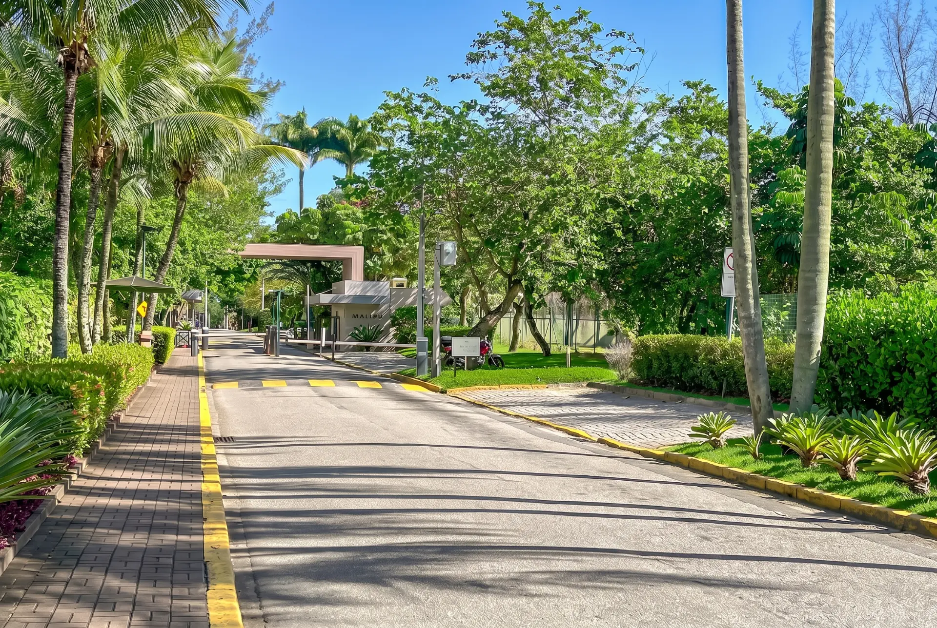 Alameda arborizada de acesso à portaria do Condomínio Malibu, Barra da Tijuca