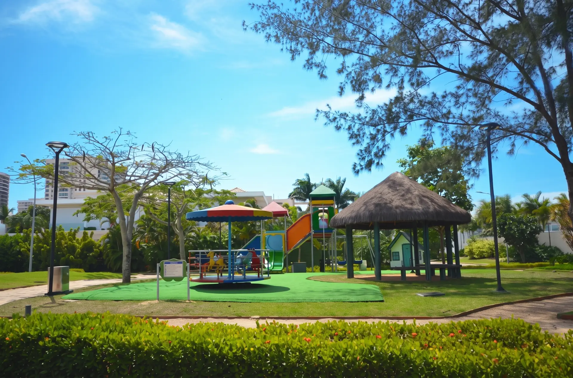 Praça interna do Condomínio Malibu com playground e quiosque de palha