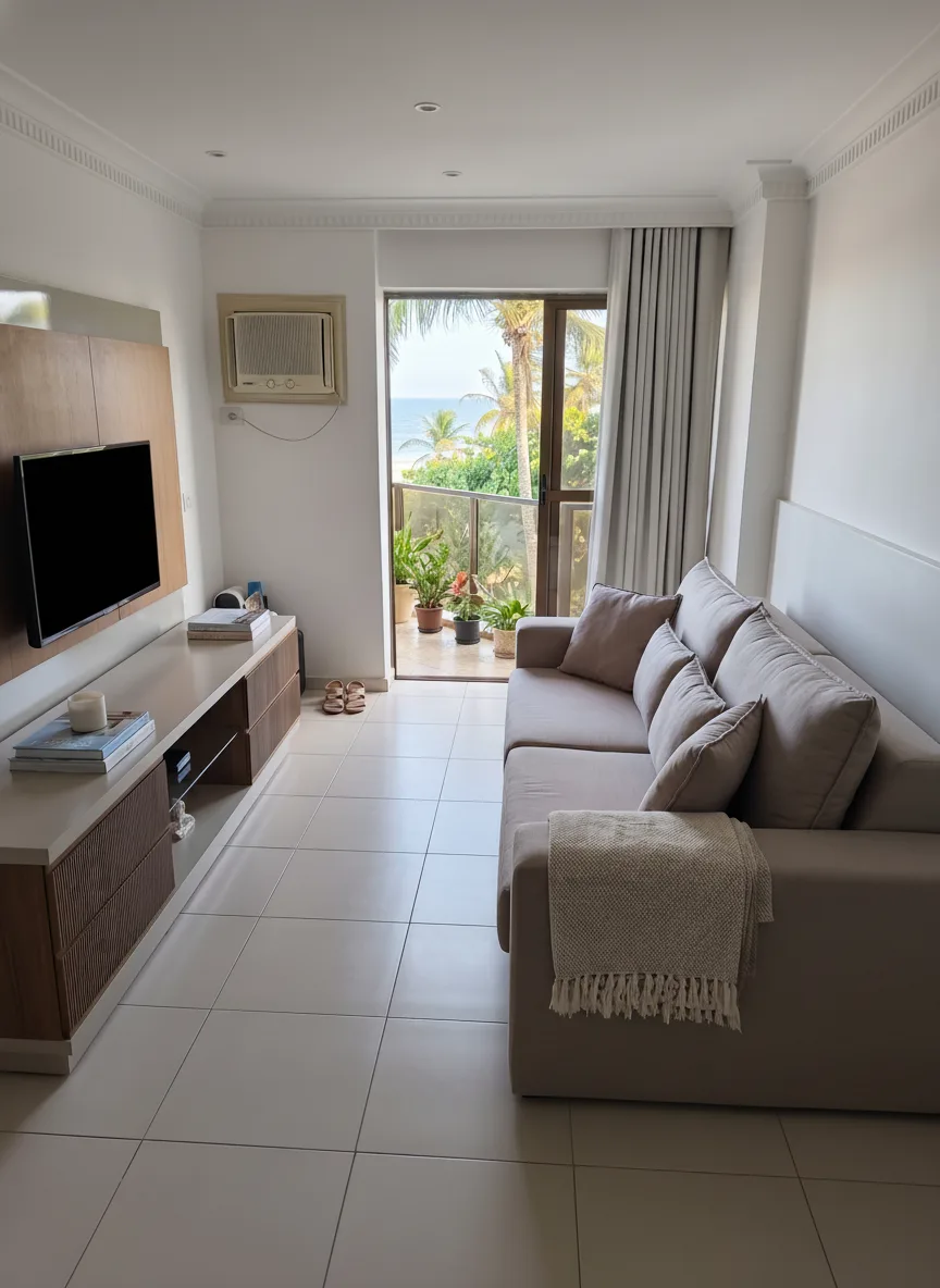 Sala com sofá e vista frontal para o mar