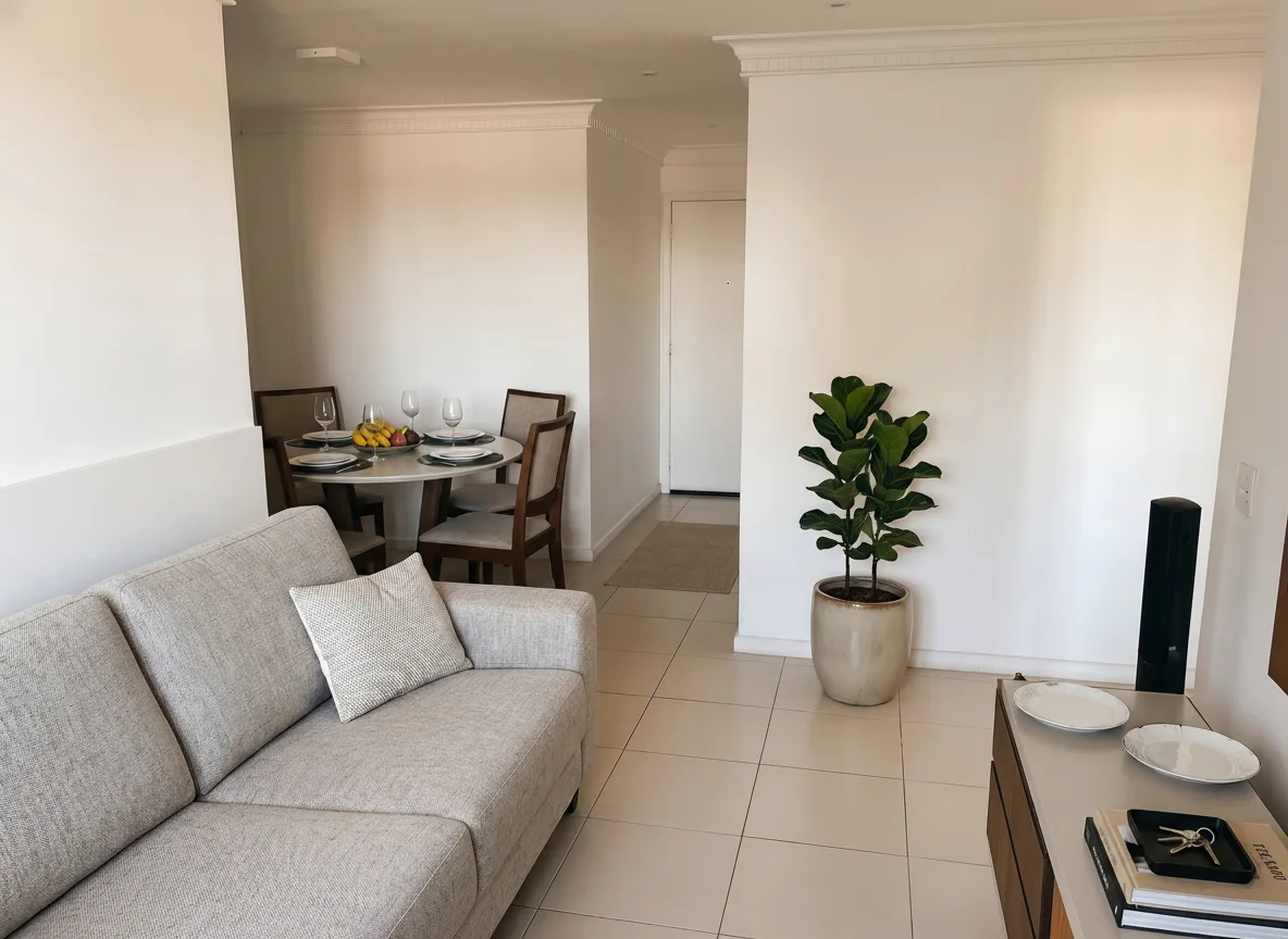 Sala ampla com sofá e mesa